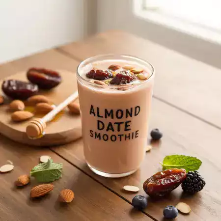 Creamy almond date smoothie in tall glass topped with sliced almonds and honey drizzle healthy breakfast drink