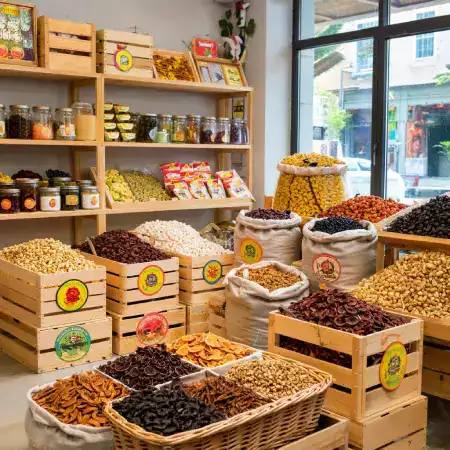 Large wholesale carton boxes filled with vacuum sealed dried fruit packages ready for bulk distribution to retailers