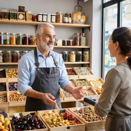 Modern retail store interior with wooden shelves displaying packaged dried fruits and fresh produce in organized sections