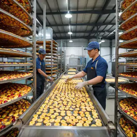 Farm workers conducting early morning fruit harvest with baskets collecting ripe fruits at optimal freshness before sunrise heat