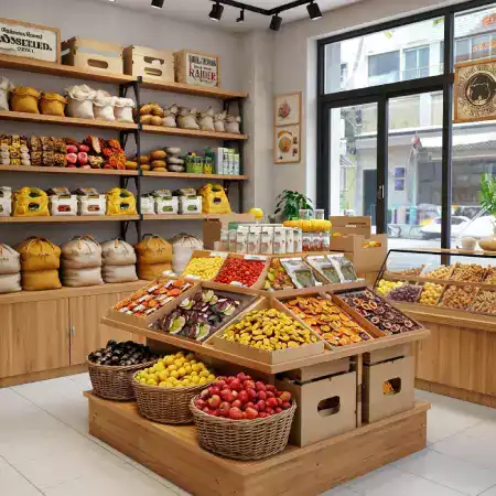Branded retail store display packs of dried fruits arranged on shelves with clear product labels and pricing tags