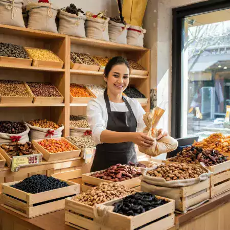 Naturally processed dried apricots and raisins in glass bowls ready for packaging at DriedFruitPlant facility