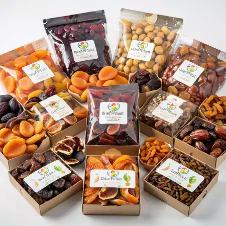 Workers loading sealed export pallets of dried fruit cartons onto shipping container for international freight delivery