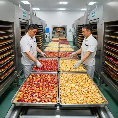 Washed fruits spread evenly on raised bamboo platforms for natural sun drying process under controlled conditions